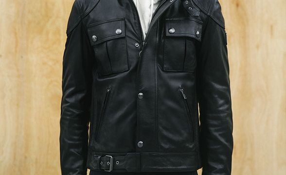 Man wearing Belstaff Gangster Leather Jacket in Black.