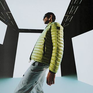 Male Models wearing the Belstaff Wave Dye Radar Jackets in Graph Green and Amber